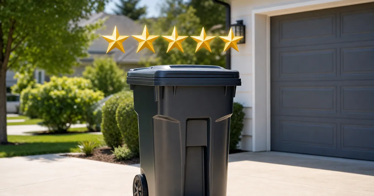 Five gold stars above a spotless trash can
