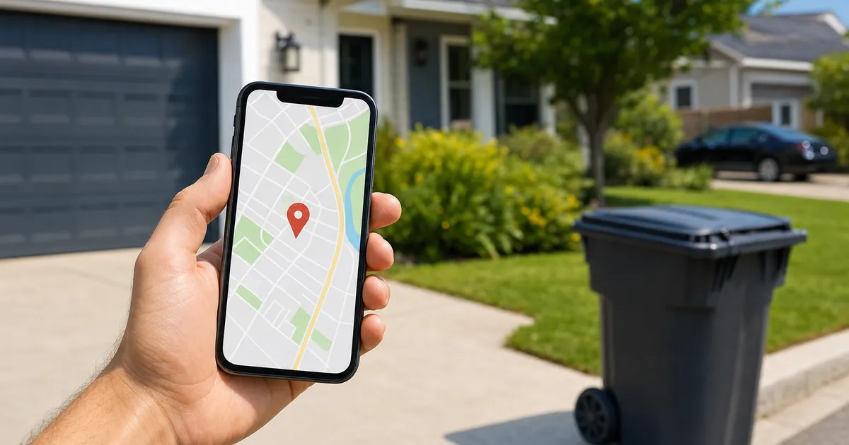 A smartphone map with a location pin near a suburban home