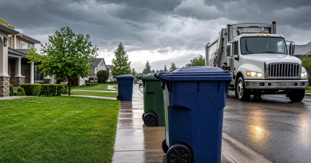 Trash cans at a curb under a dramatic stormy sky