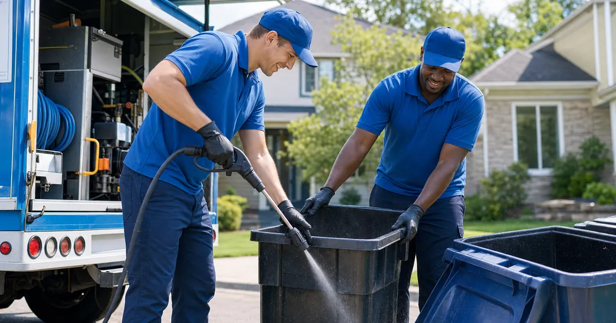Two uniformed workers cleaning trash cans together