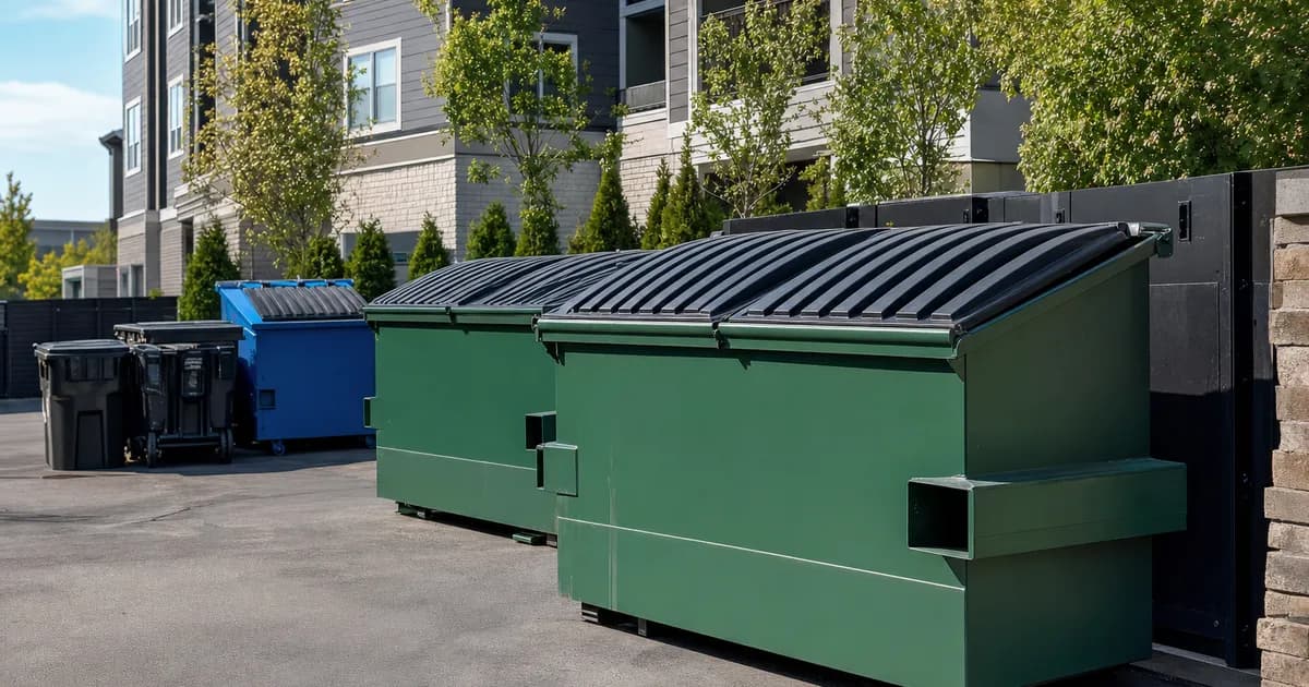 Clean commercial dumpsters behind a modern apartment complex