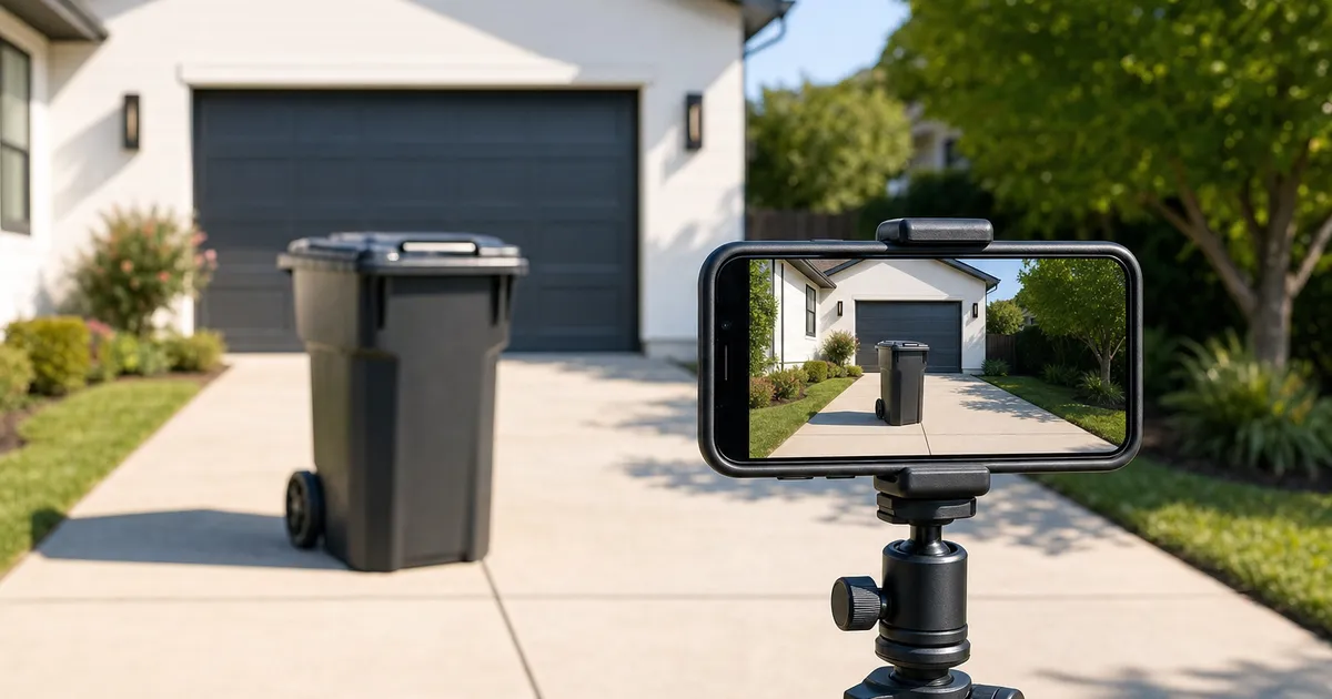 A smartphone on a tripod filming a clean trash can on a driveway