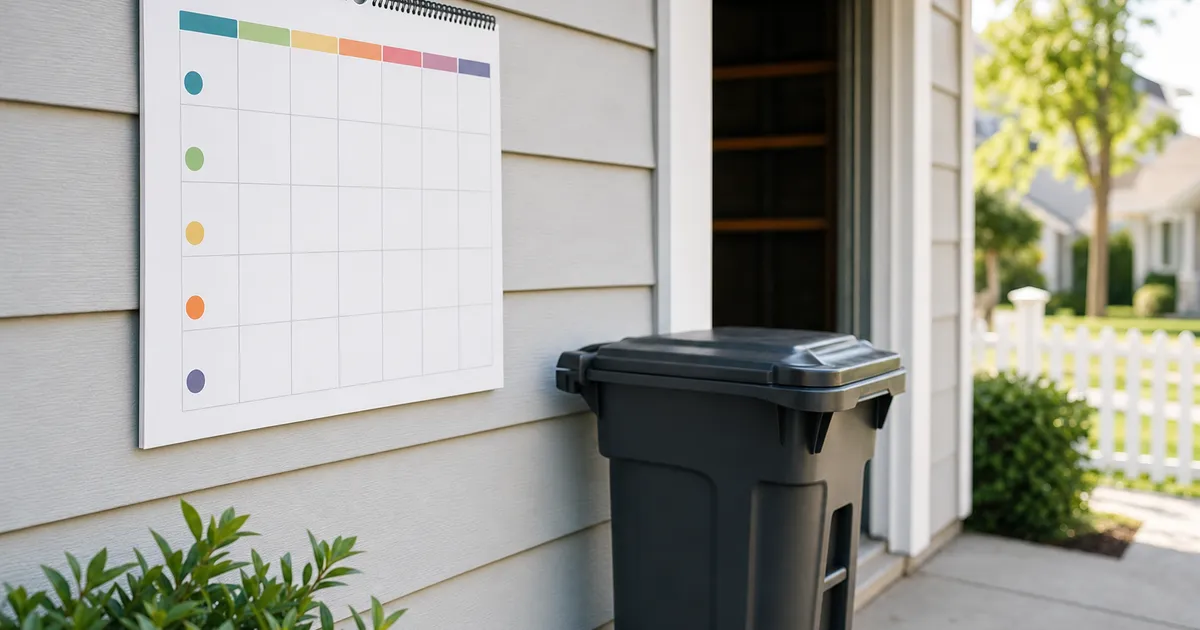 A clean trash can beside a monthly calendar