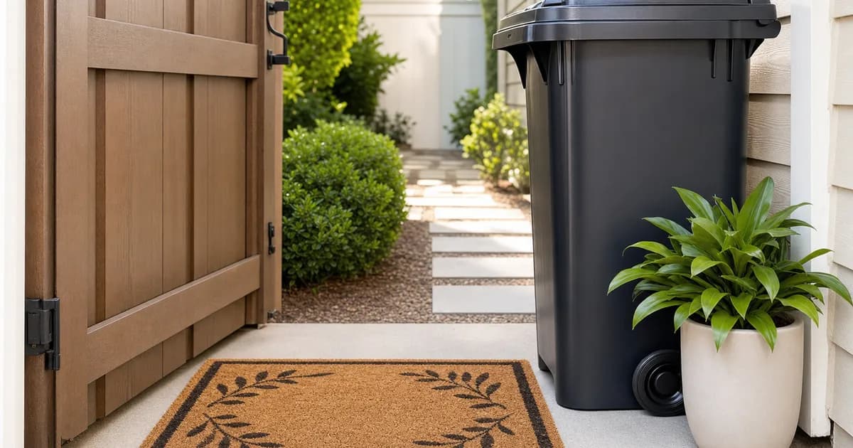A welcome mat beside a freshly cleaned trash can