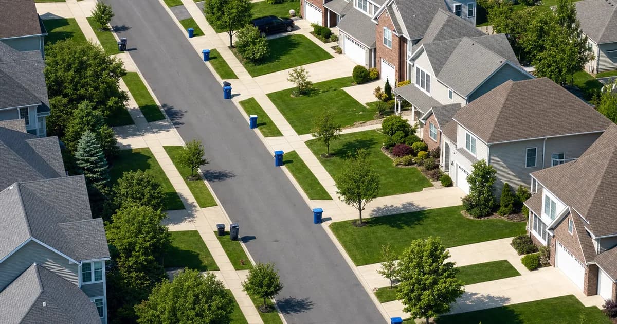 Aerial view of a suburban neighborhood on trash day