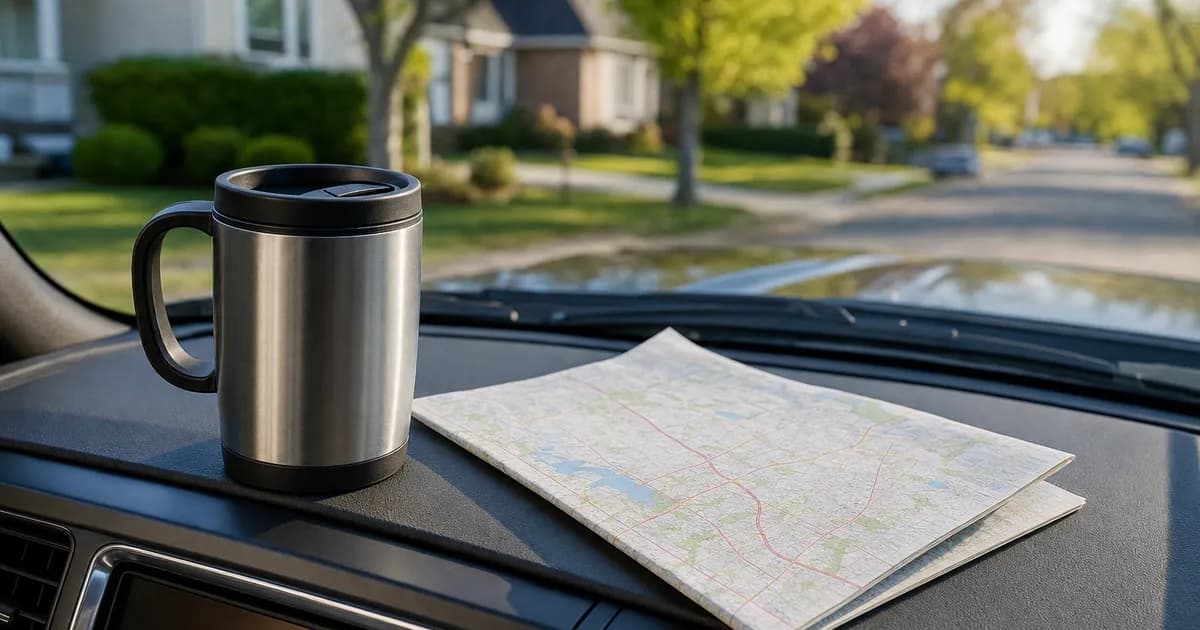 Coffee and a route map on a truck dashboard at dawn