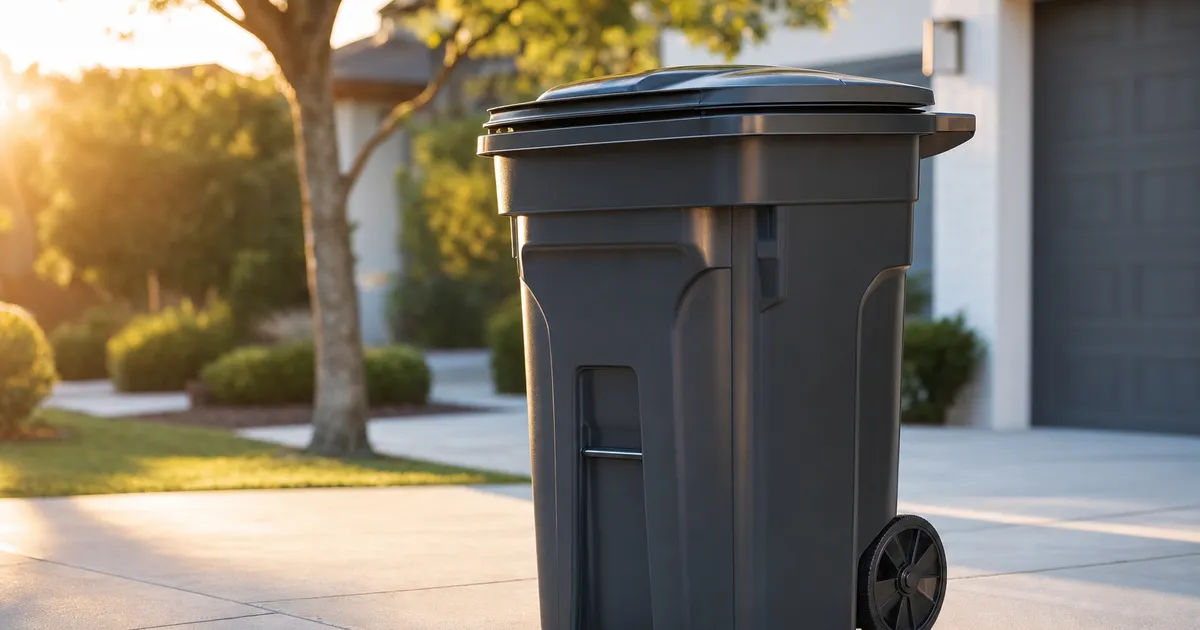 A premium spotless trash can at golden hour