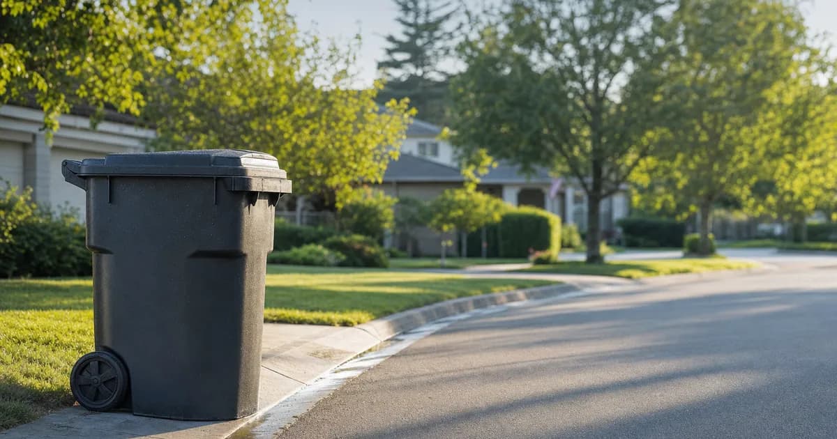 A lone trash can at an empty curb in the early morning