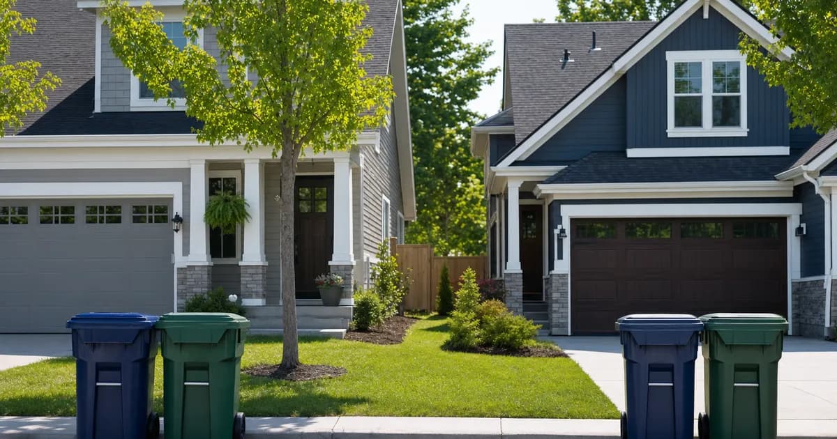 Two neighboring houses with clean trash cans at the curb