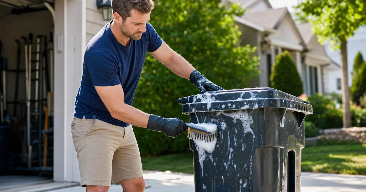 A person cleaning a trash can on a weekend morning