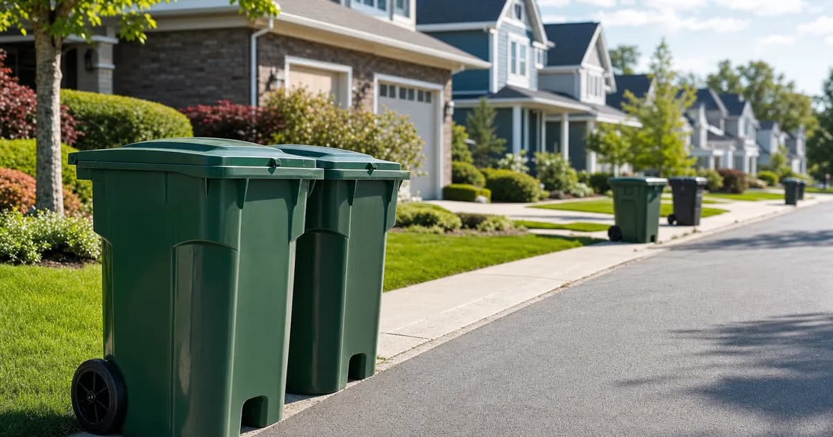 A suburban street with some clean cans and others waiting