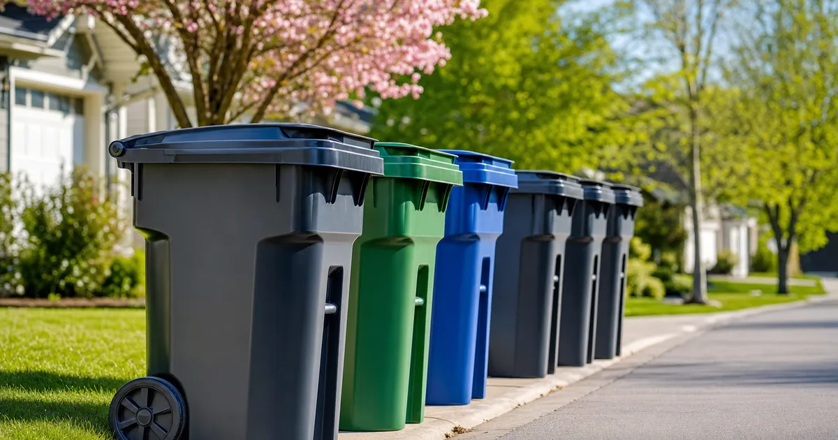 A row of sparkling clean trash cans lined up at the curb in spring