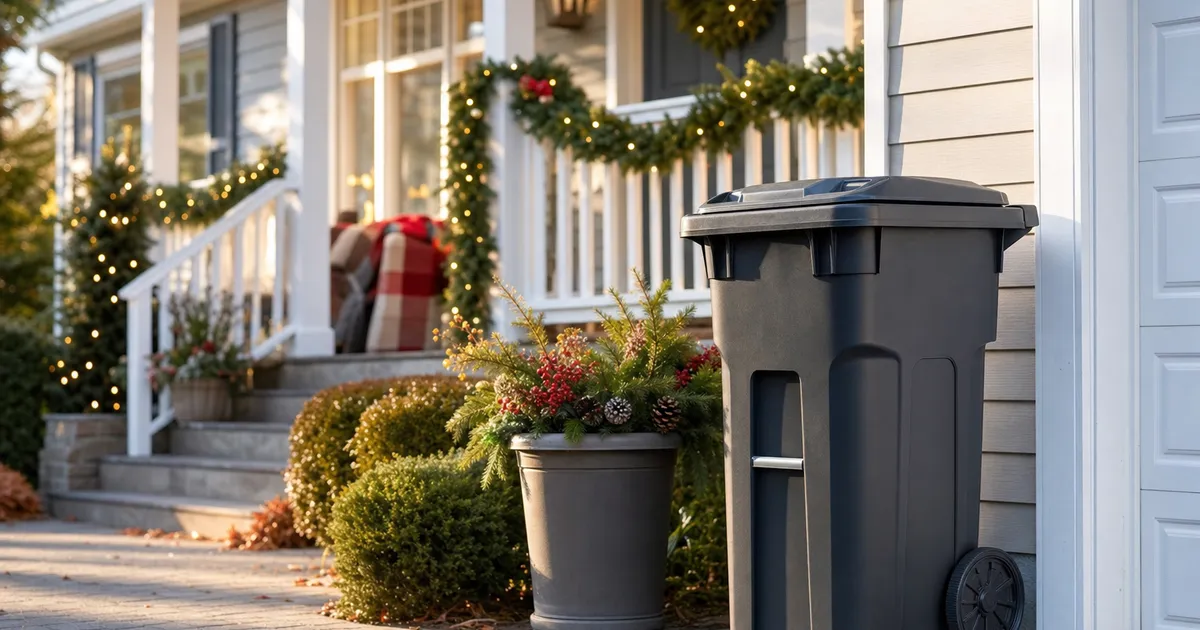 A clean trash can beside a cozy holiday-decorated porch