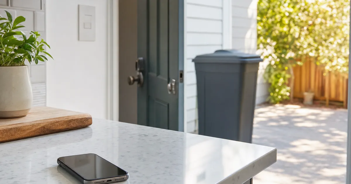 A smartphone near a back door with a clean trash can outside
