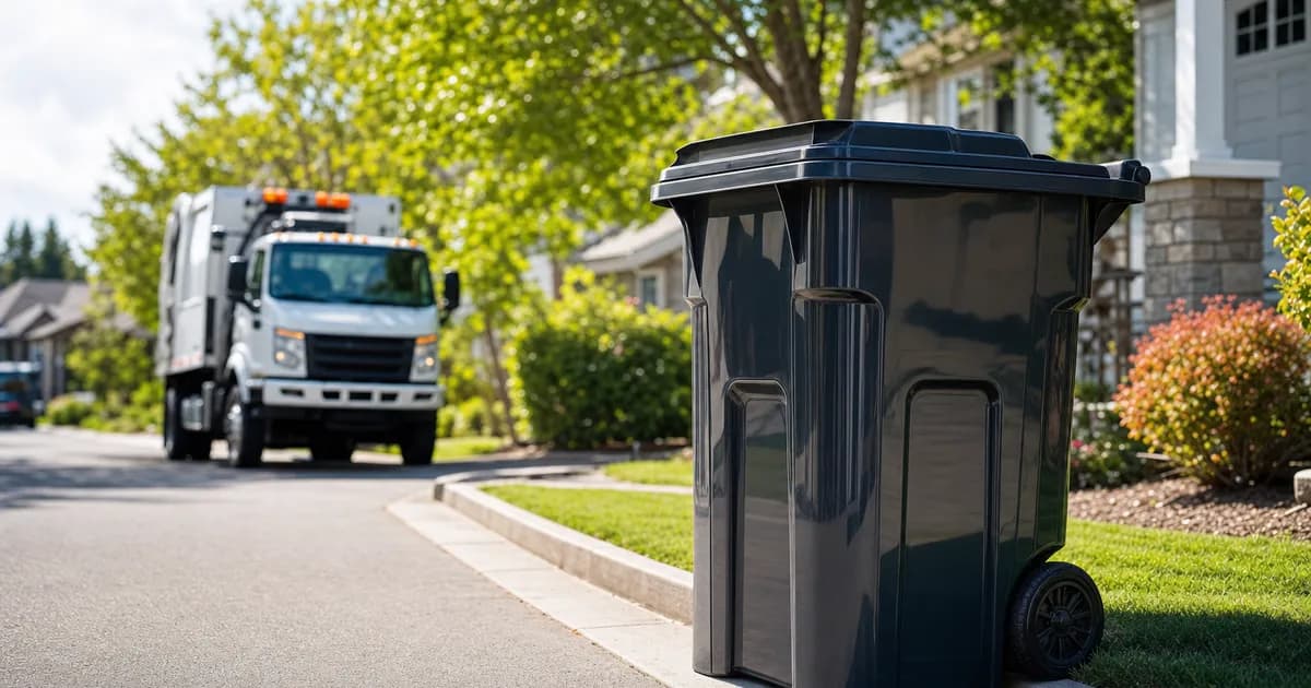 A freshly cleaned trash can at a suburban curb on a bright morning