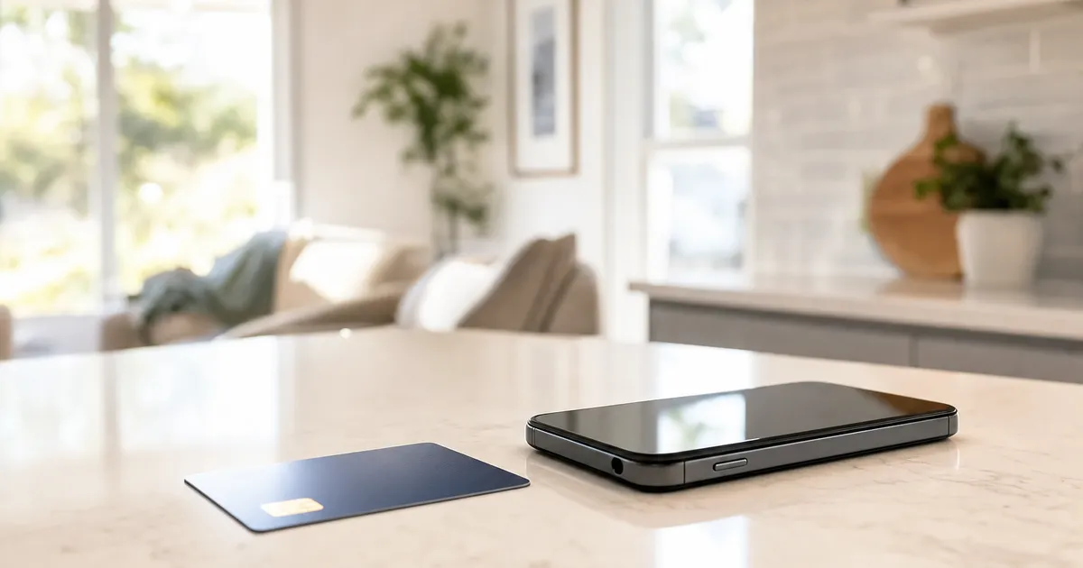 A credit card and smartphone on a clean kitchen counter