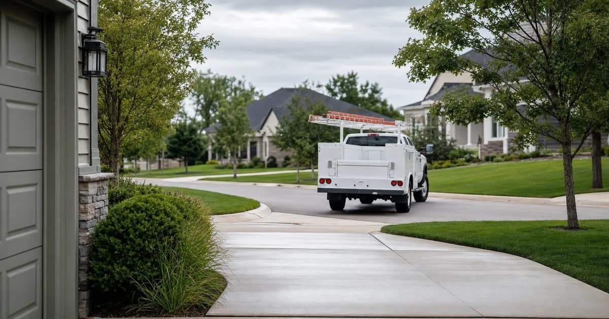 A service truck driving away from an empty driveway