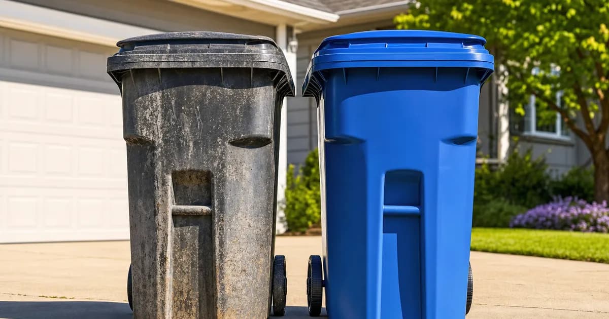 A dirty trash can beside a sparkling clean one