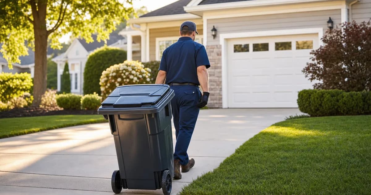 A clean trash can returning to a driveway