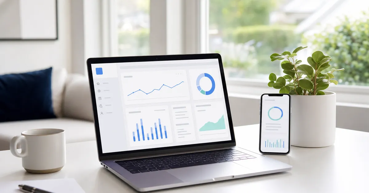 A laptop and phone showing a simple dashboard