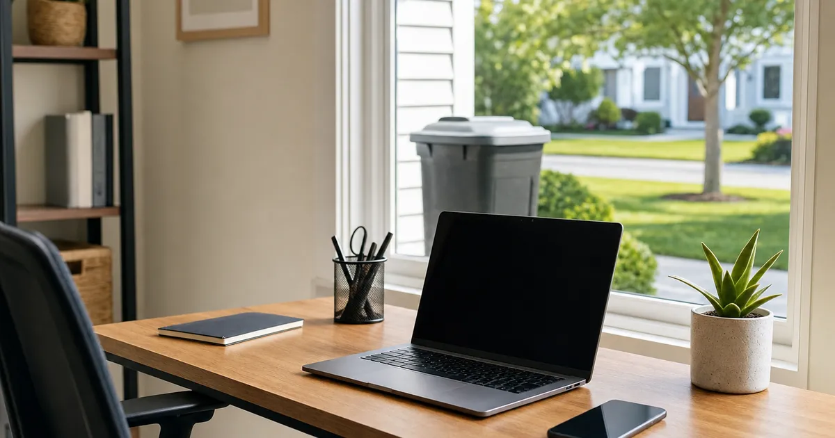 A tidy desk with a clean trash can visible through the window