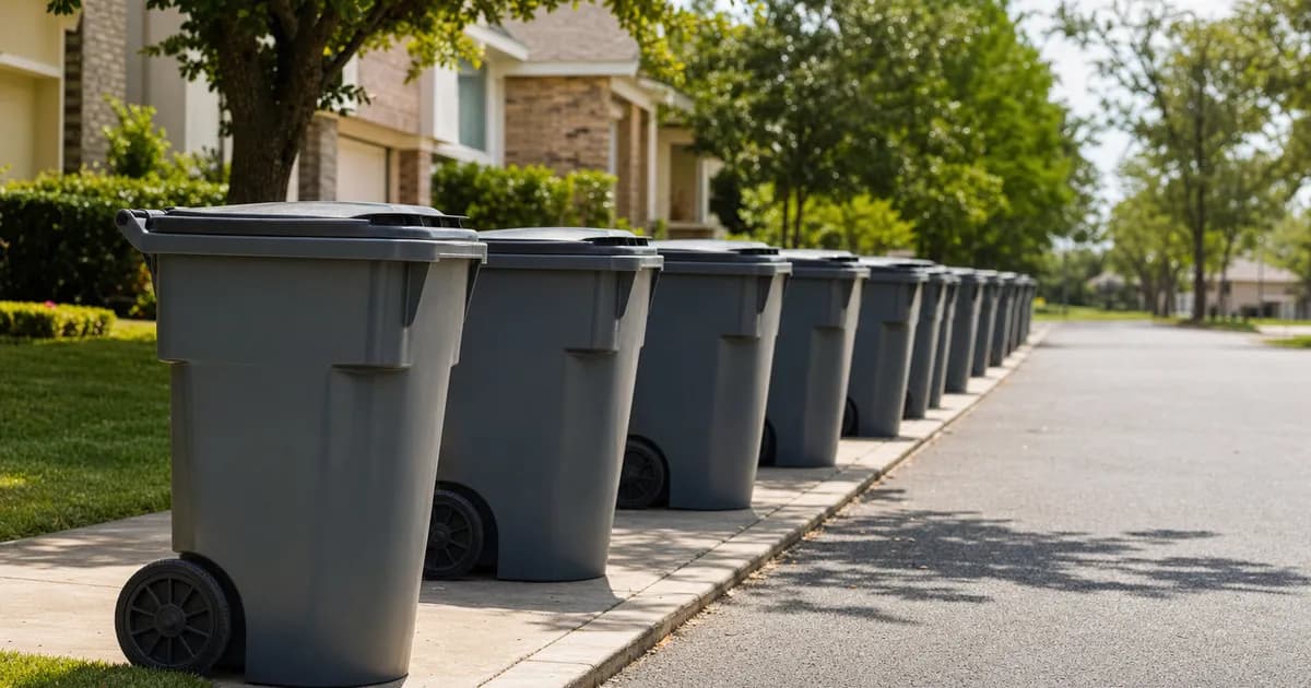 A repeating row of clean trash cans down a suburban street
