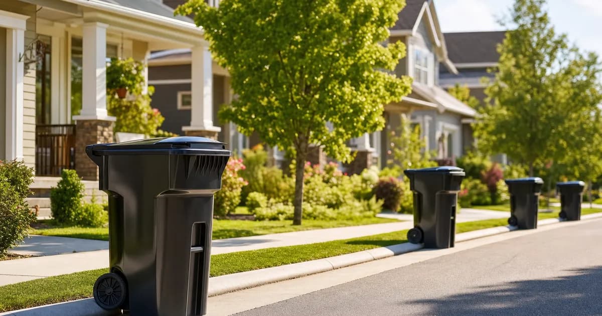 A friendly street where every home has a clean trash can