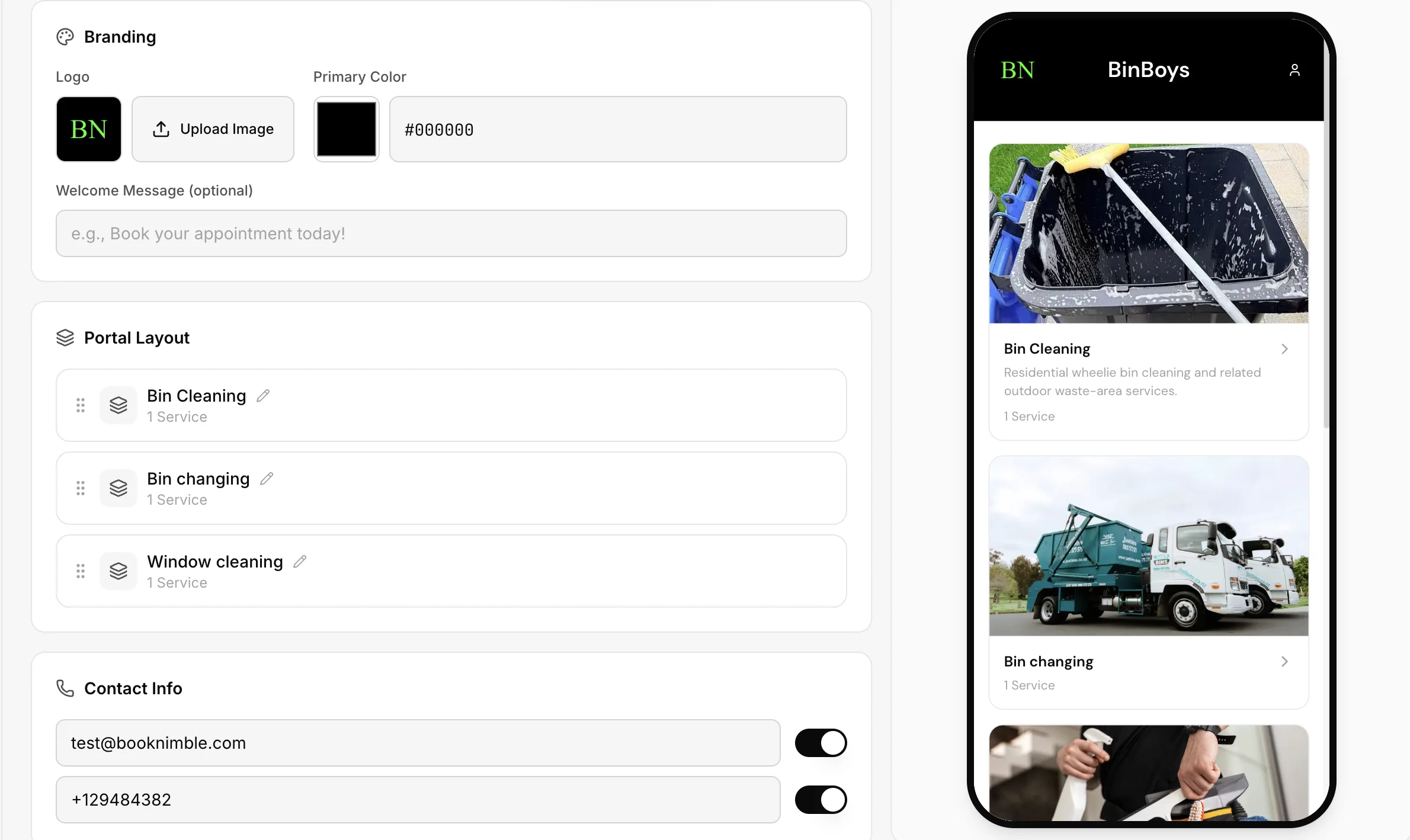 Customising a trash can cleaning business's branded booking page, with a live phone preview