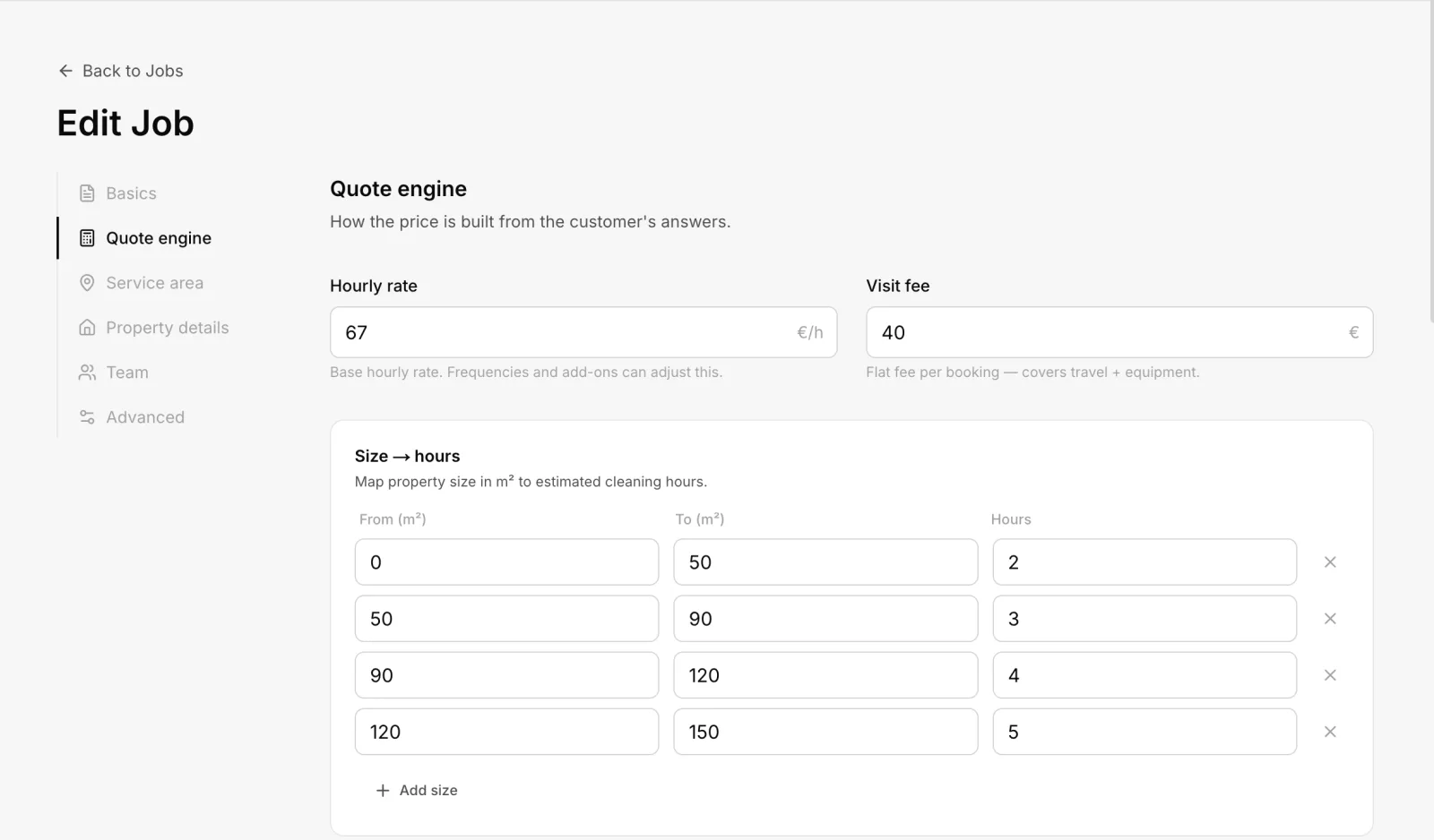 Configuring the quote engine: hourly rate, visit fee and a size to hours table